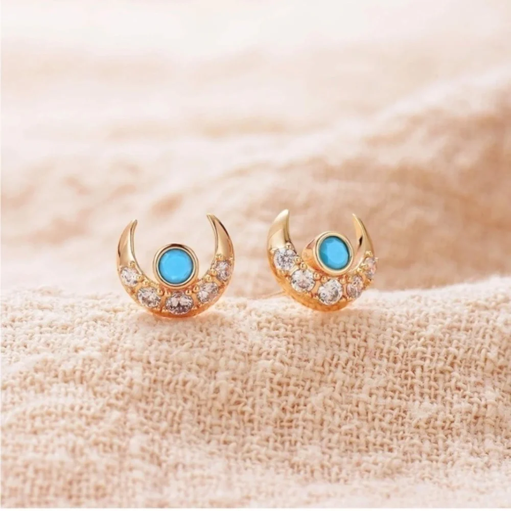 GOLD 14k Gold Plated Cubic Zirconia Turquoise Stud Earrings